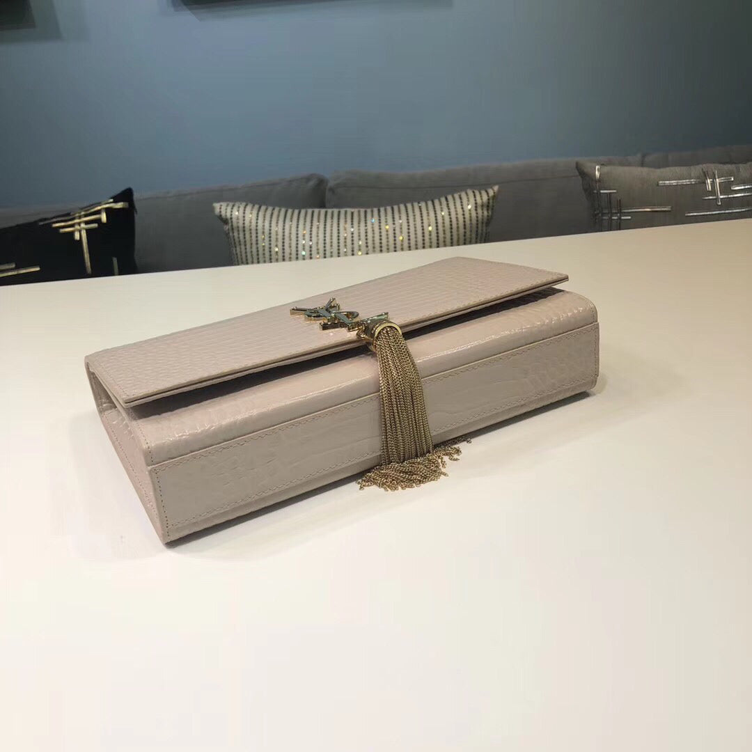 Top Quality Kate Small Chain Bag With Tassel In Embossed Beige For Women 7.8in/20cm YSL 