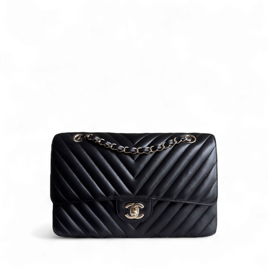Chanel Classic Flap Medium - 25CM Chevron Lambskin Black Light Gold Hardware Series 27
