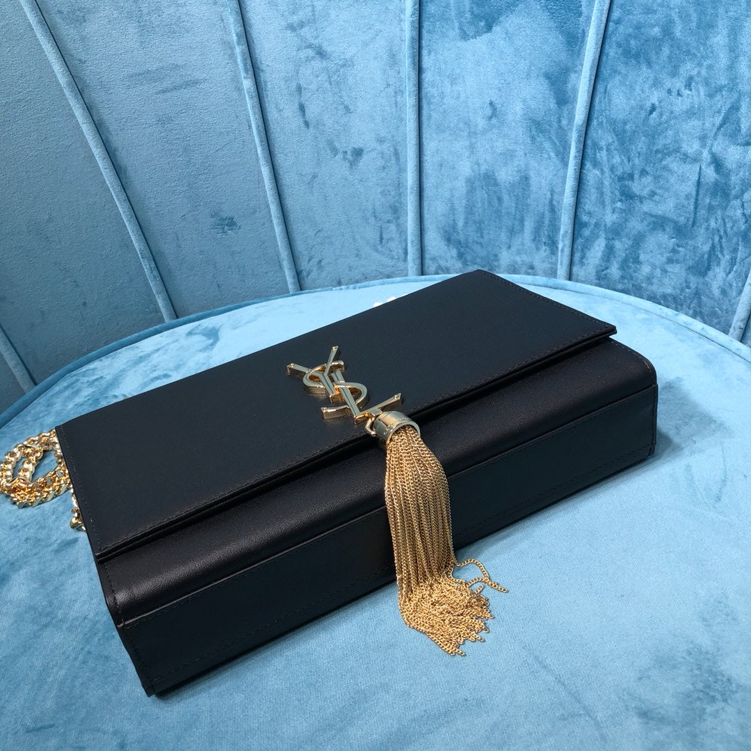 Top Quality Kate MeTop Qualityum Chain Bag With Tassel In Grain De Poudre Black For Women 9.4in/24cm YSL 354119BOW0J1000