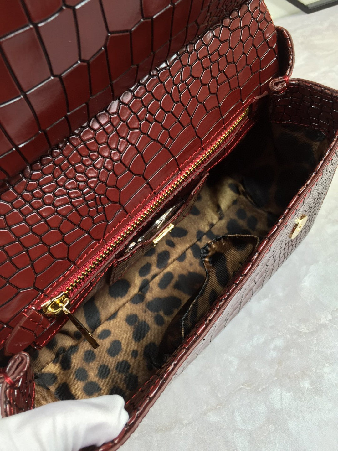 Top Quality Medium Sicily Bag In Foiled Crocodile-Print Burgundy For Women 10.2in/26cm Top Quality