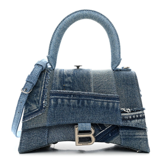 BALENCIAGA DENIM PATCHWORK XS HOURGLASS TOP HANDLE BAG