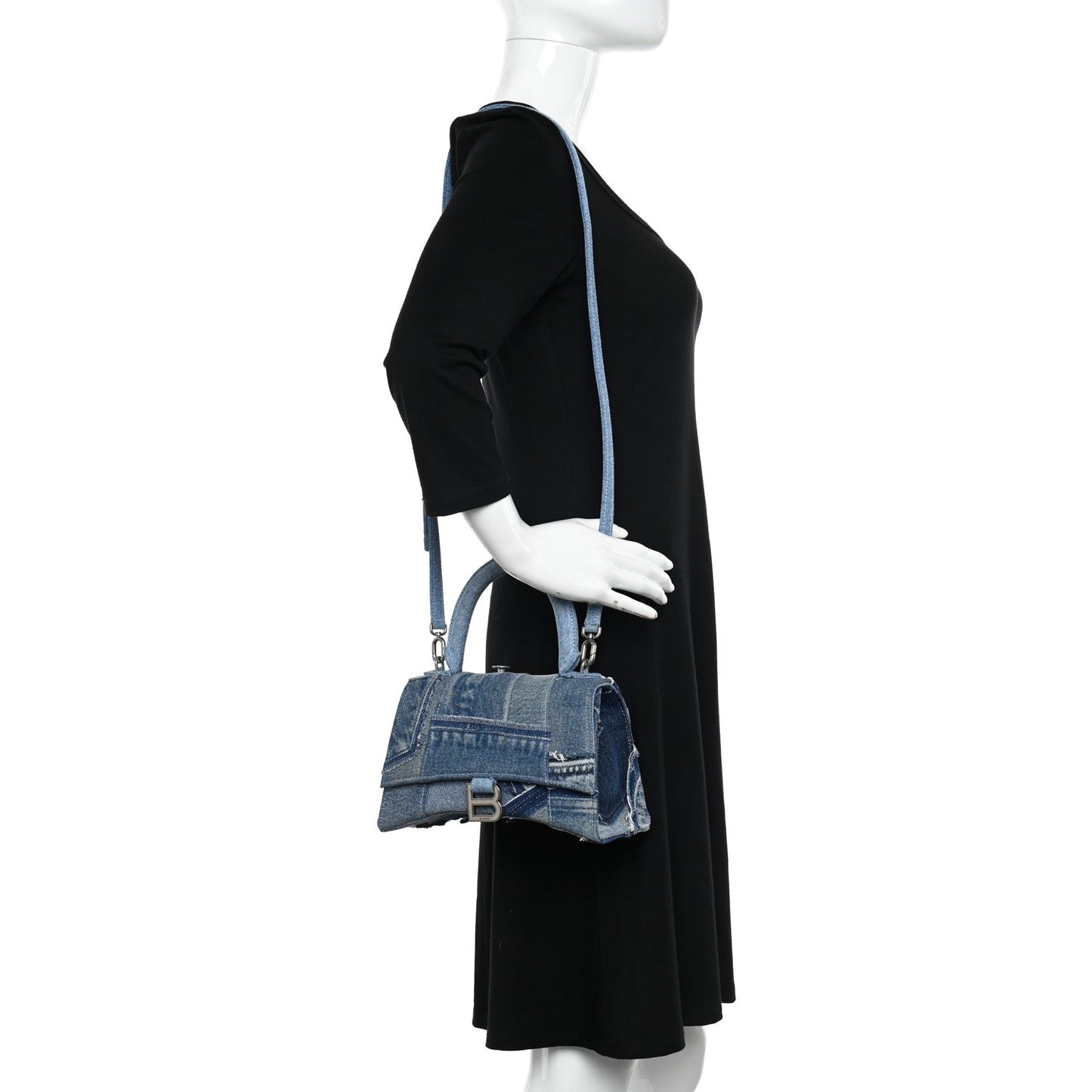 BALENCIAGA DENIM PATCHWORK XS HOURGLASS TOP HANDLE BAG