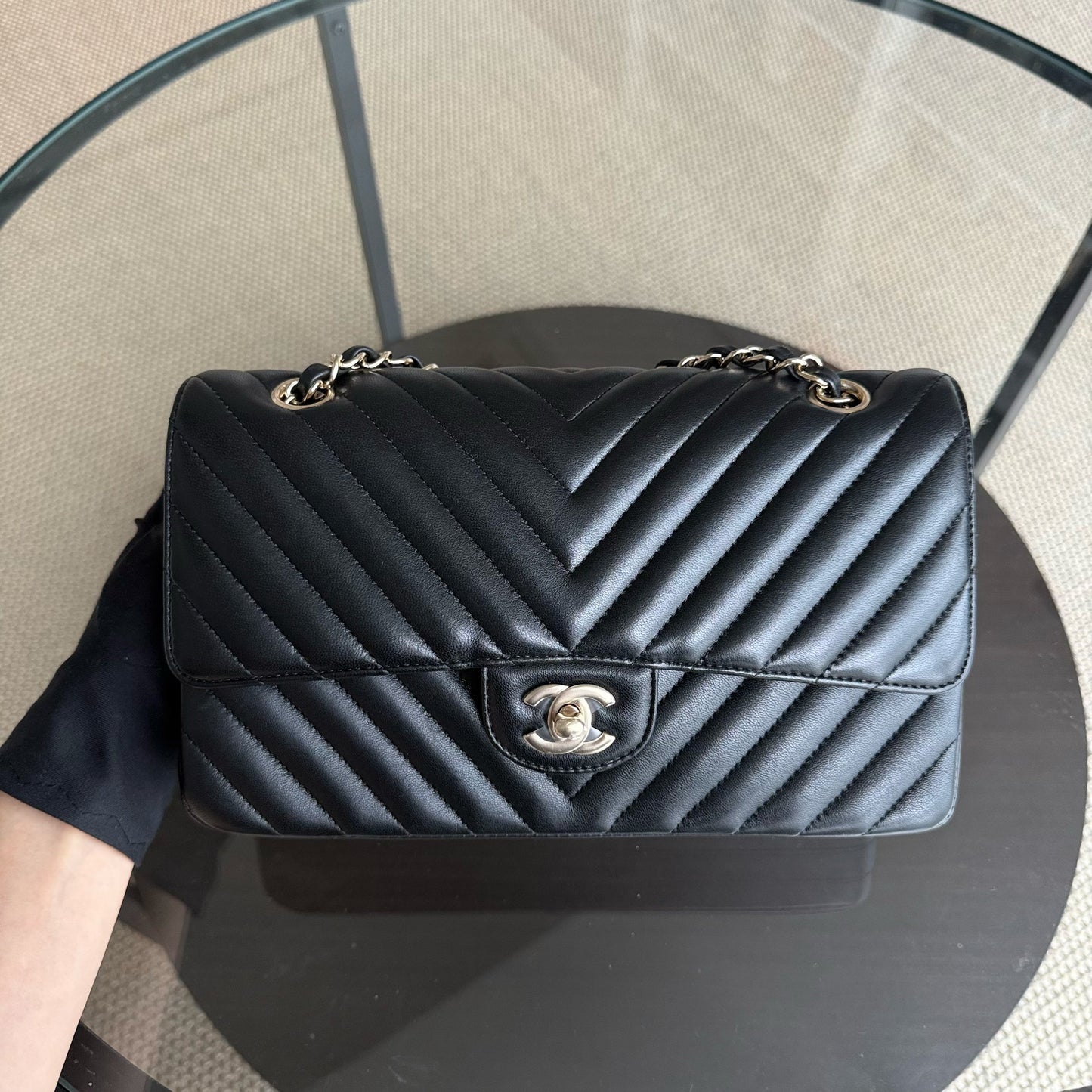 Chanel Classic Flap Medium - 25CM Chevron Lambskin Black Light Gold Hardware Series 27
