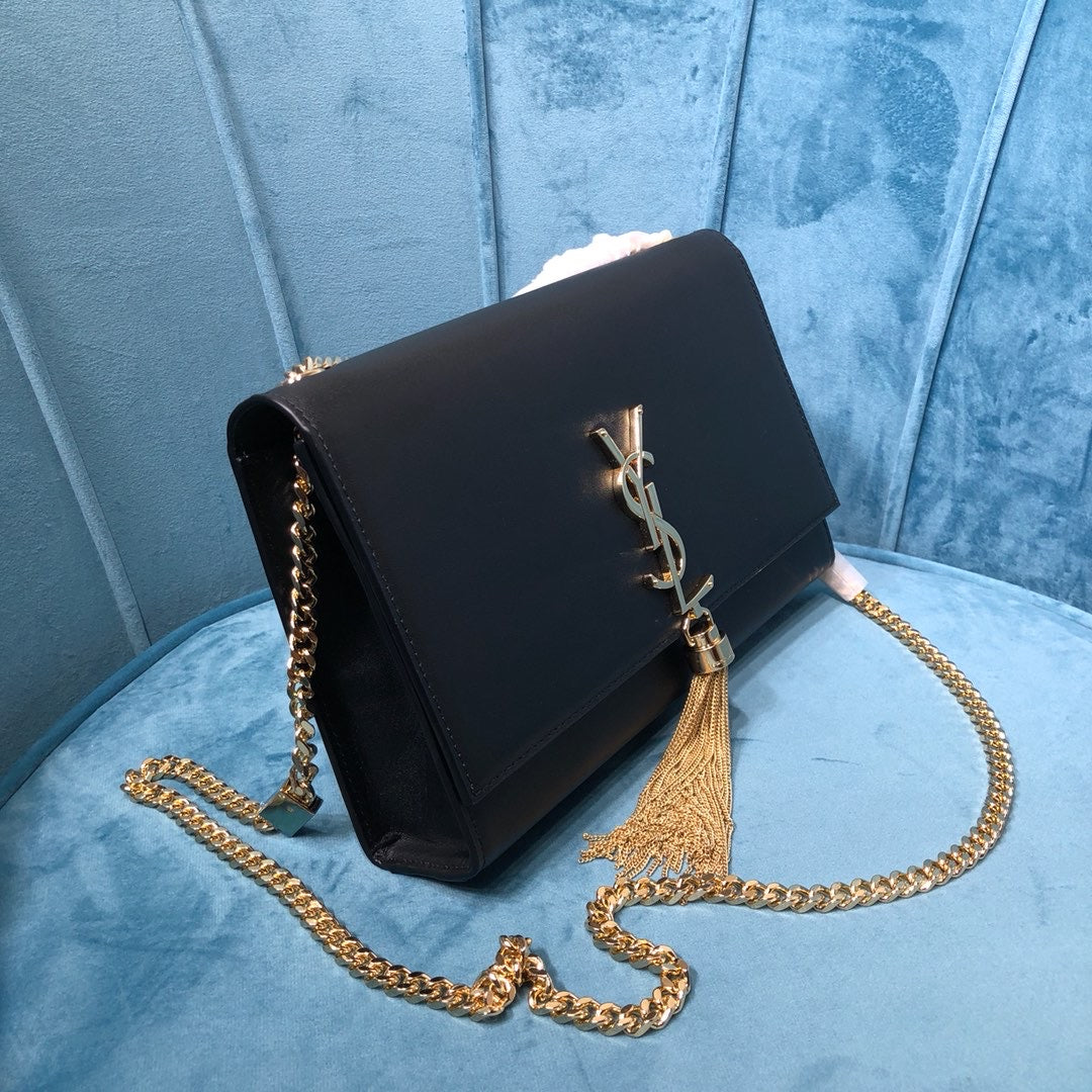 Top Quality Kate MeTop Qualityum Chain Bag With Tassel In Grain De Poudre Black For Women 9.4in/24cm YSL 354119BOW0J1000
