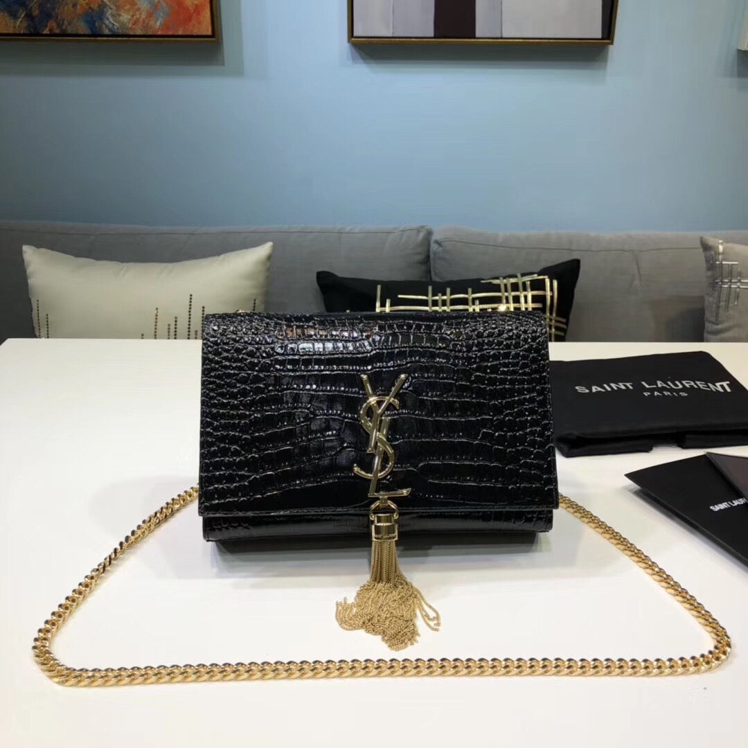 Top Quality Kate Small Chain Bag With Tassel In Embossed Black For Women 7.8in/20cm YSL 474366DND0J1000