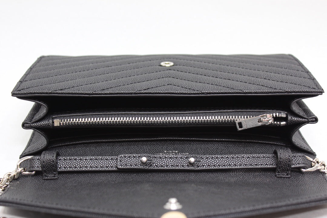 Top Quality Cassandre Matelassé Chain Wallet In Grain De Poudre Embossed Black For Women 8.8in/23cm YSL 377828BOW021000