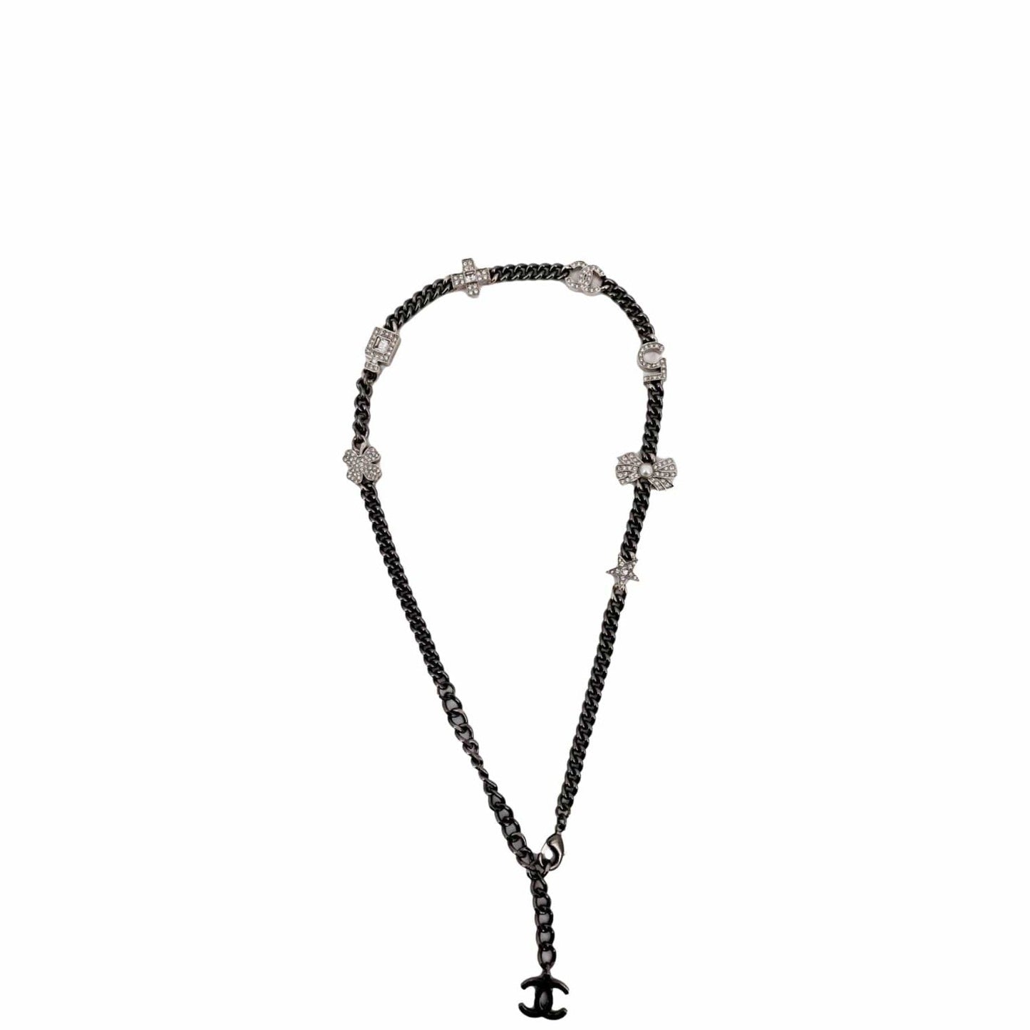 CHANEL CC Star Pearl Round Metal Necklace Silver