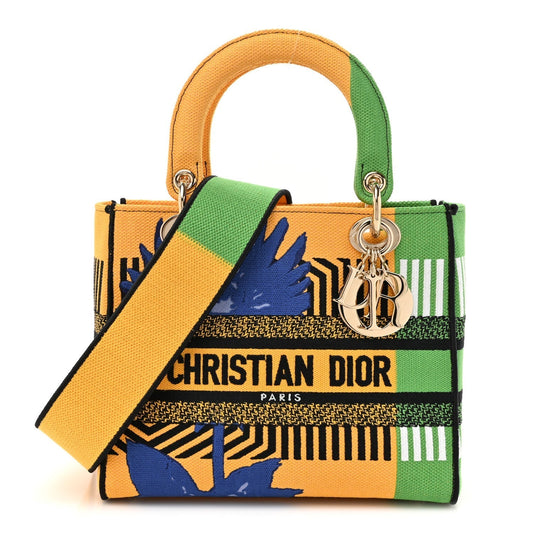 Christian Dior Canvas Embroidered Flower Pop Medium Lady D-Lite Bright Yellow Green