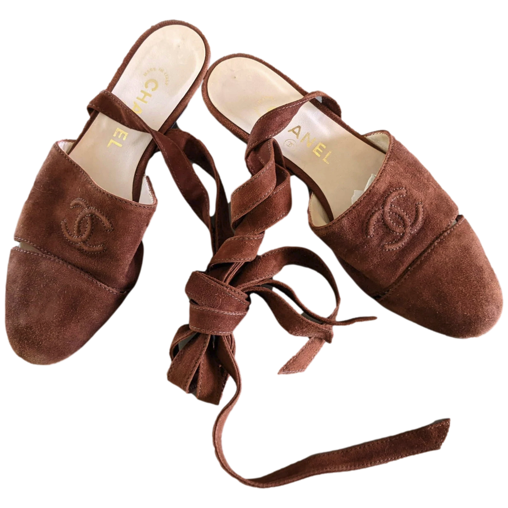 Chanel 1990s Noisette Suede Spartiates Flat Pumps en Daim Xtra Soft Sz 38