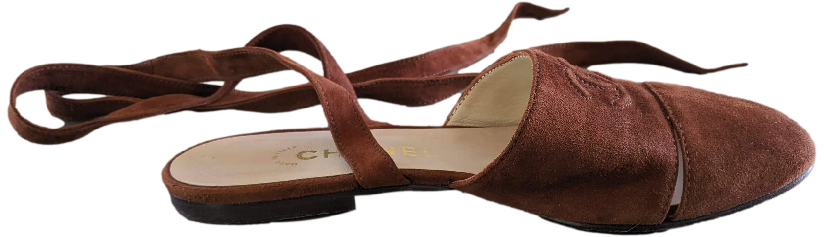 Chanel 1990s Noisette Suede Spartiates Flat Pumps en Daim Xtra Soft Sz 38