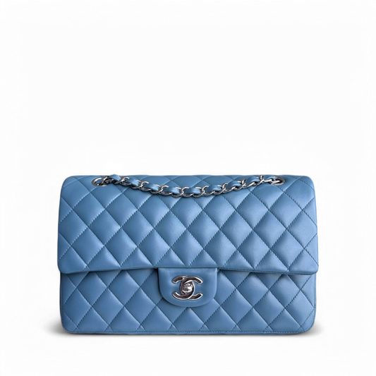 Chanel Classic Flap Medium - 25CM Quilted Lambskin Haze Blue Silver Hardware & Balance of Chanel PST RED