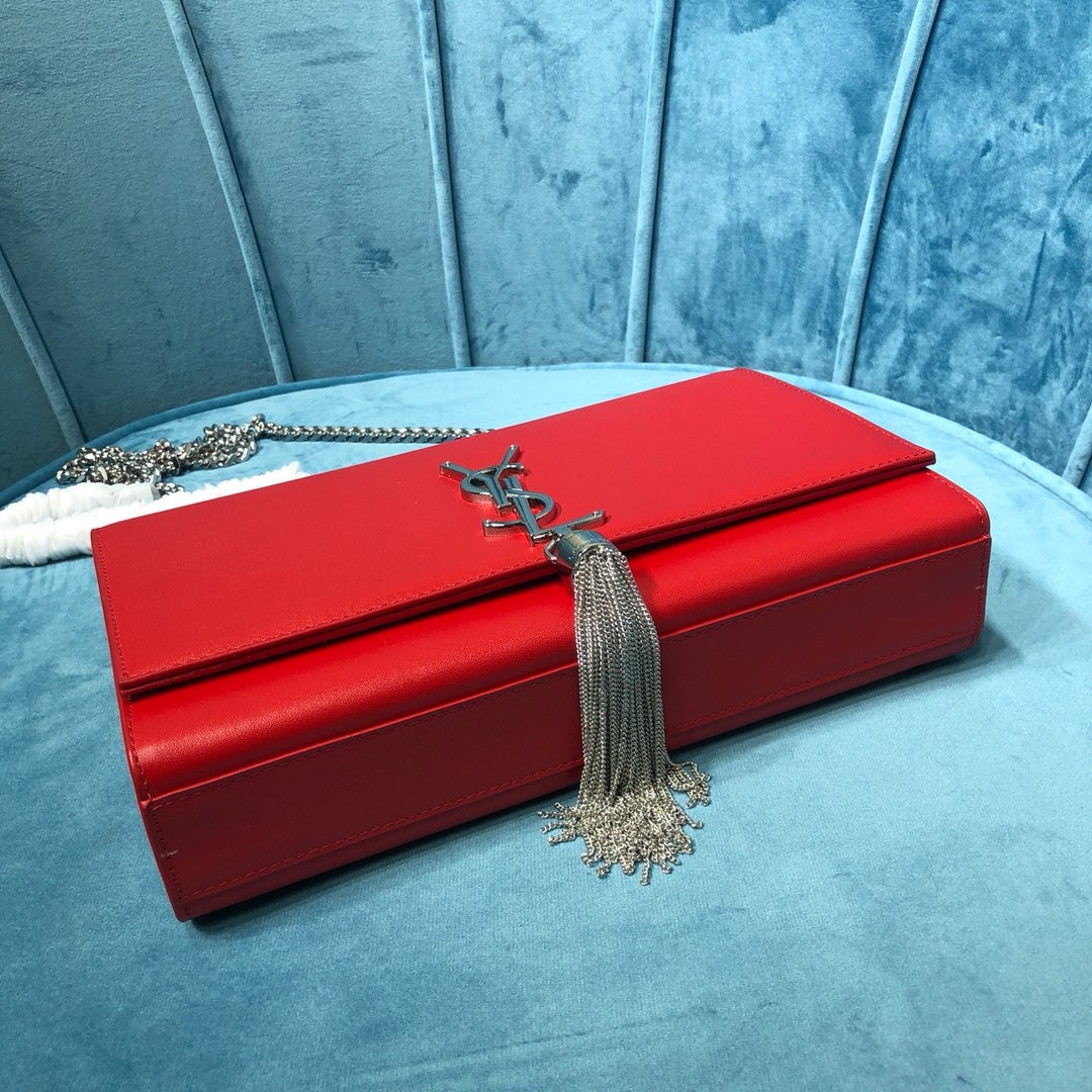 Top Quality Kate MeTop Qualityum Chain Bag With Tassel In Grain De Poudre Red For Women 9.4in/24cm YSL