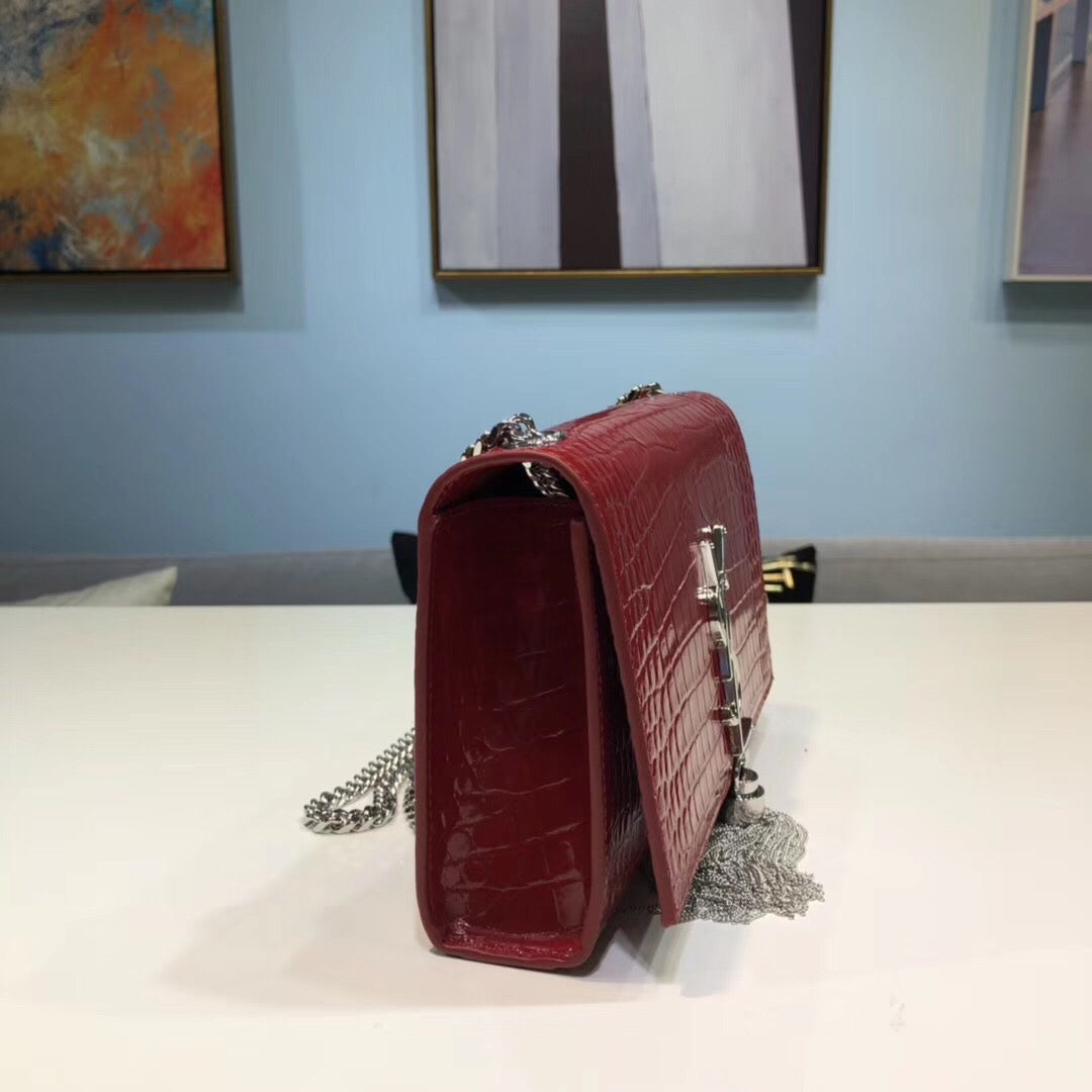 Top Quality Kate Small Chain Bag With Tassel In Embossed Burgundy For Women 7.8in/20cm YSL 