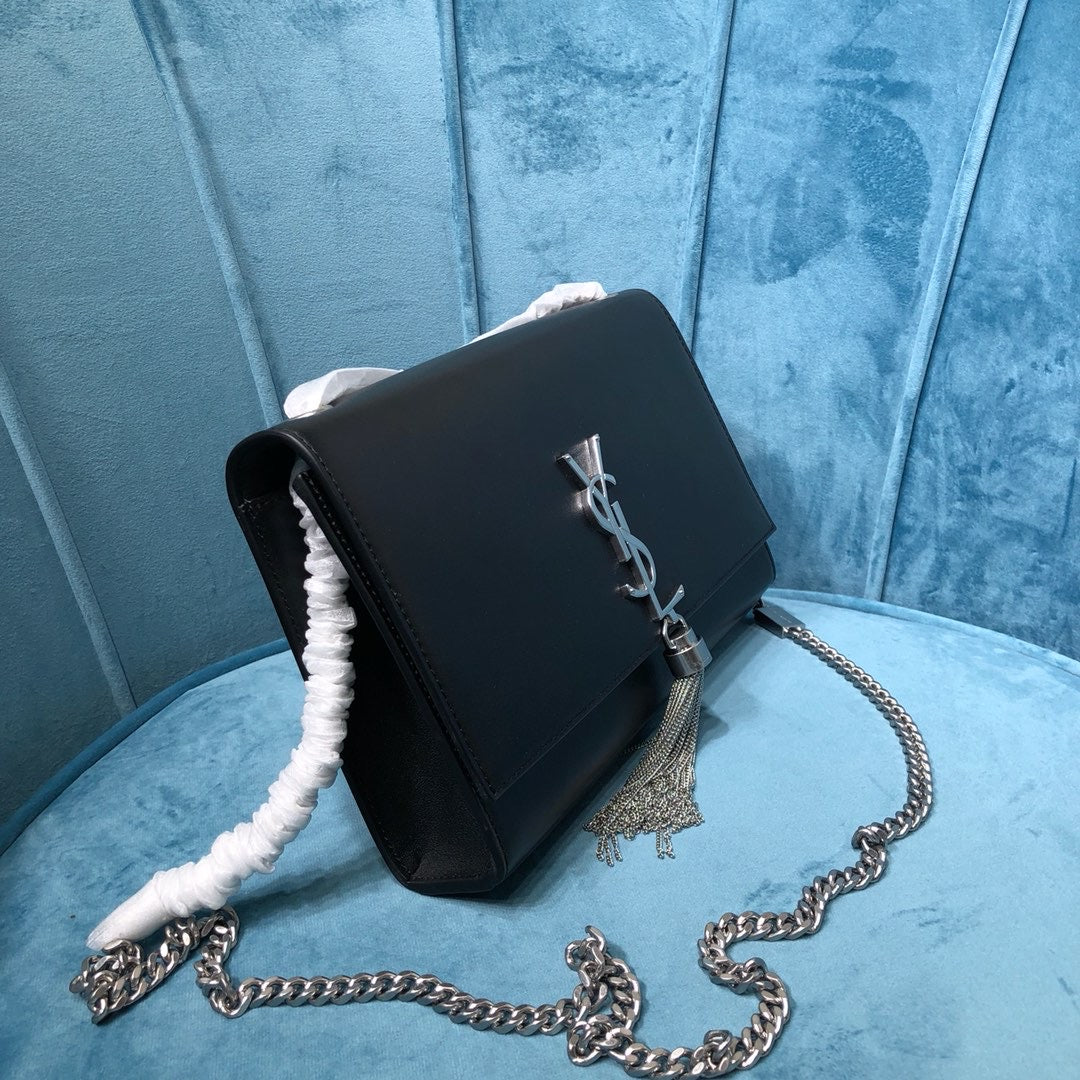 Top Quality Kate MeTop Qualityum Chain Bag With Tassel In Grain De Poudre Black For Women 9.4in/24cm YSL 354119BOW0N1000