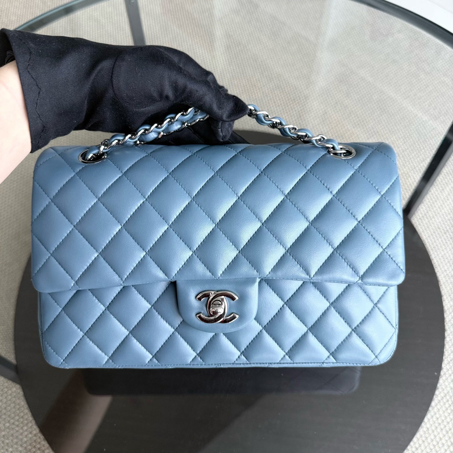 Chanel Classic Flap Medium - 25CM Quilted Lambskin Haze Blue Silver Hardware & Balance of Chanel PST RED