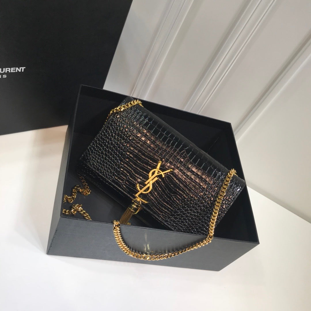 Top Quality Kate MeTop Qualityum Chain Bag With Tassel In Embossed CrocoTop Qualityle Black For Women 9.4in/24cm YSL 354119DND0J1000