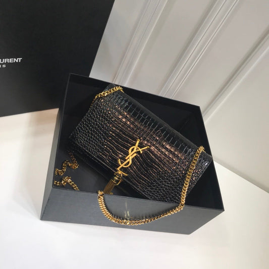 Top Quality Kate MeTop Qualityum Chain Bag With Tassel In Embossed CrocoTop Qualityle Black For Women 9.4in/24cm YSL 354119DND0J1000