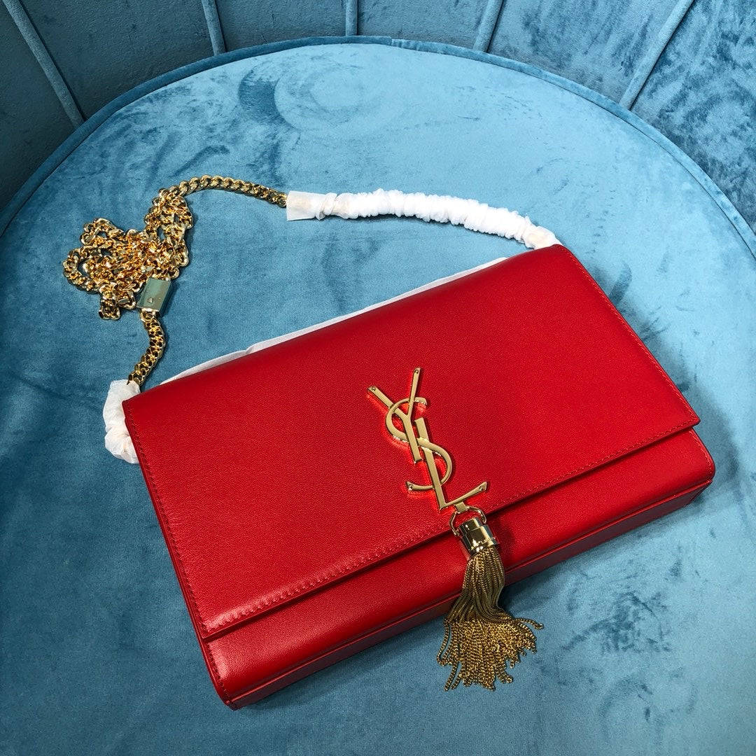 Top Quality Kate MeTop Qualityum Chain Bag With Tassel In Grain De Poudre Red For Women 9.4in/24cm YSL