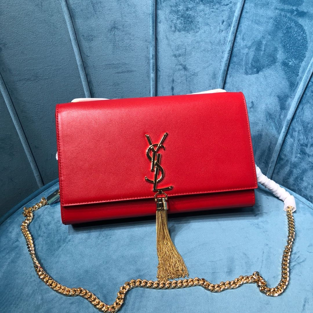Top Quality Kate MeTop Qualityum Chain Bag With Tassel In Grain De Poudre Red For Women 9.4in/24cm YSL