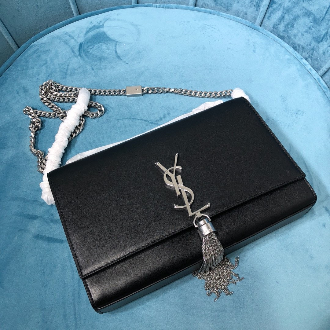 Top Quality Kate MeTop Qualityum Chain Bag With Tassel In Grain De Poudre Black For Women 9.4in/24cm YSL 354119BOW0N1000