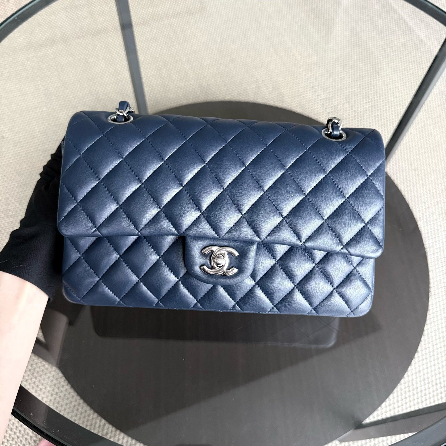 Chanel Classic Flap Medium - 25CM Quilted Lambskin Dark Blue Silver Hardware Series 22