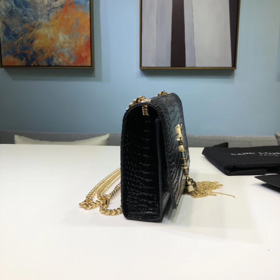 Top Quality Kate Small Chain Bag With Tassel In Embossed Black For Women 7.8in/20cm YSL 474366DND0J1000