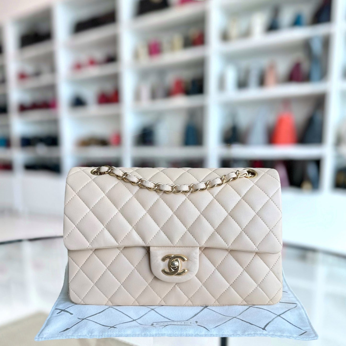 Chanel Classic Flap Medium - 25CM Quilted Lambskin Beige Gold Hardware Series 17
