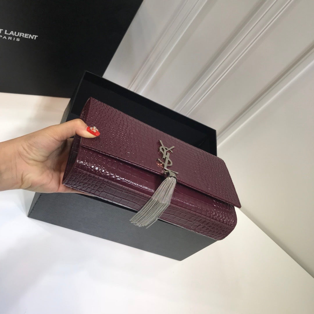 Top Quality Kate MeTop Qualityum Chain Bag With Tassel In Embossed CrocoTop Qualityle Dark Violet For Women 9.4in/24cm YSL