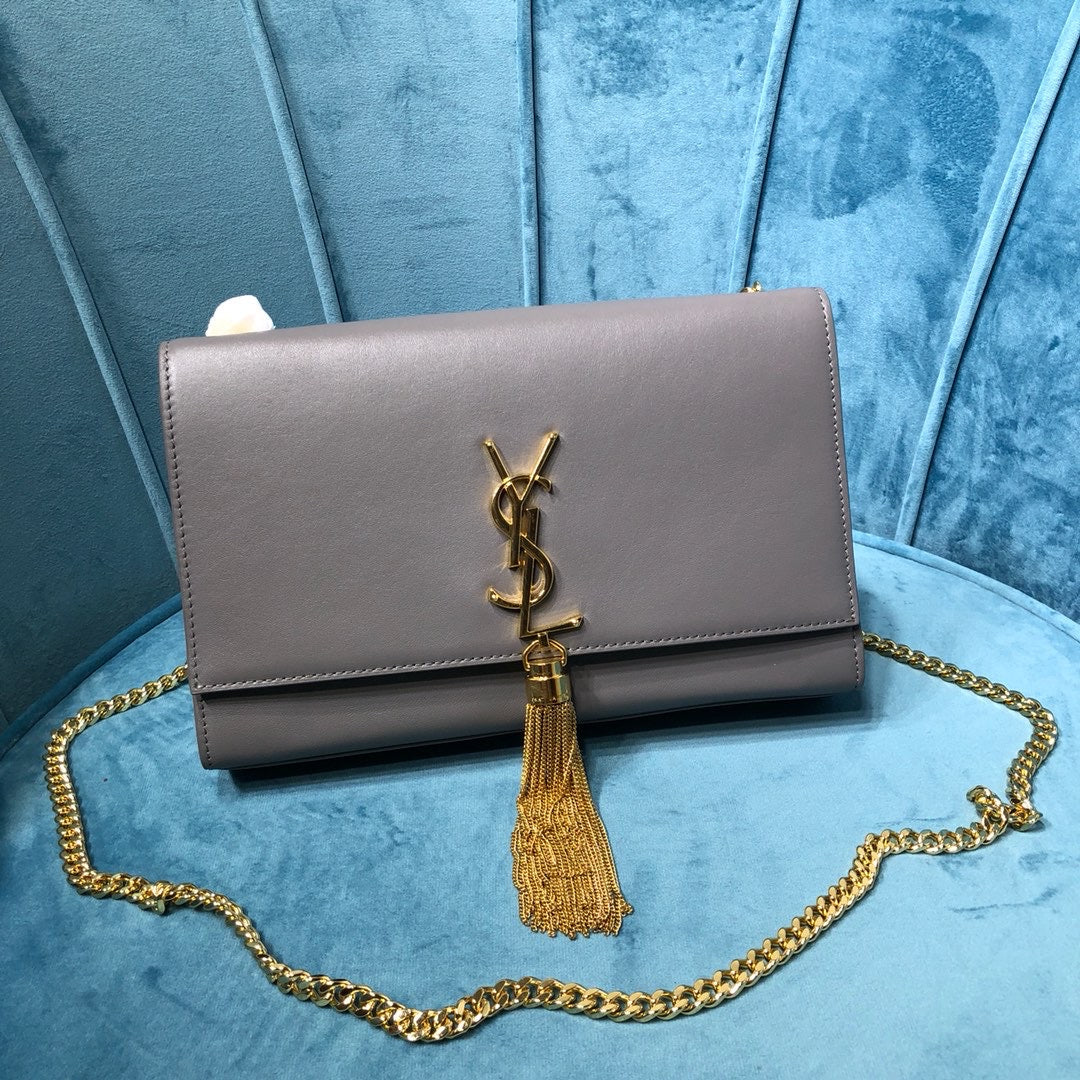 Top Quality Kate MeTop Qualityum Chain Bag With Tassel In Grain De Poudre Grey For Women 9.4in/24cm YSL