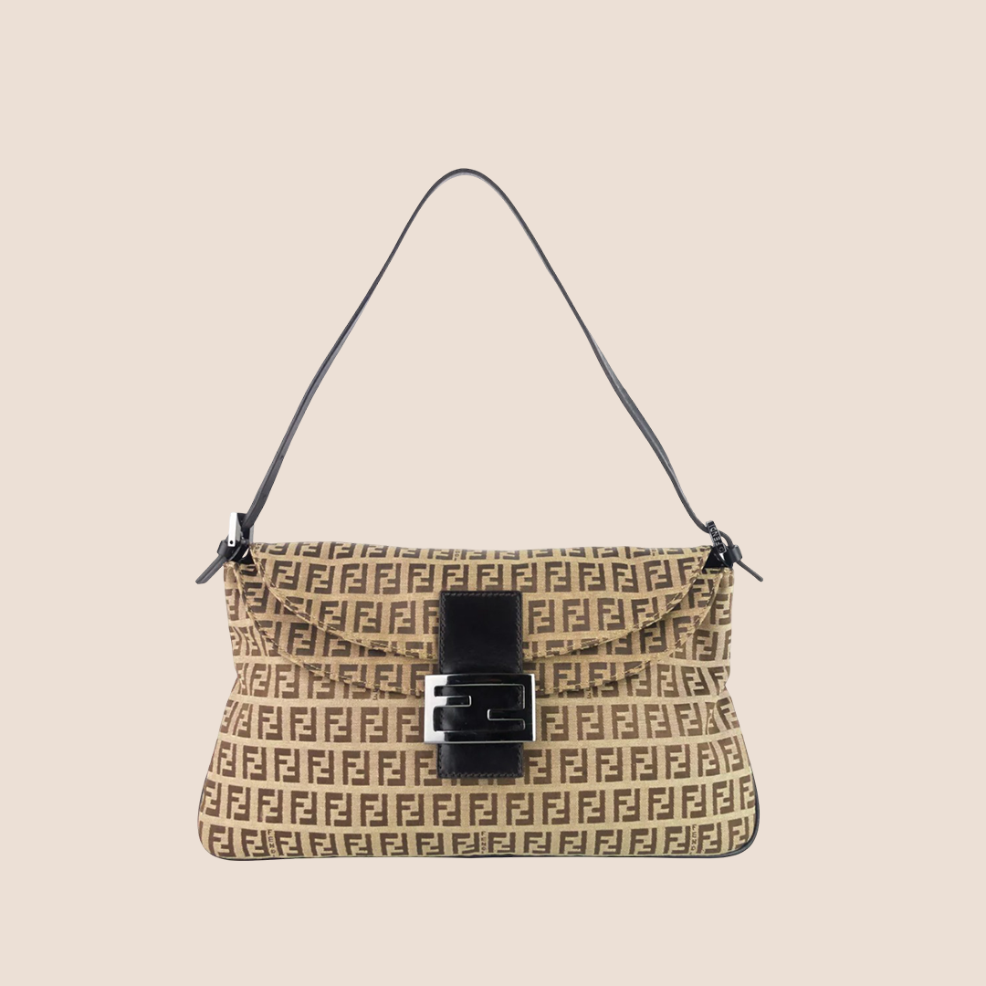 FENDI 2000 BROWN ZUCCHINO CANVAS DOUBLE FLAP BAG