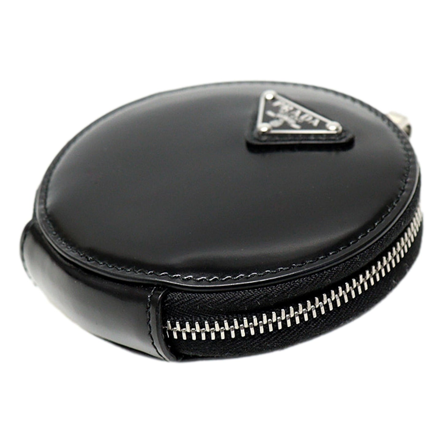 Prada Triangle Plaque Smooth Black Leather Round Mini Pouch Keychain