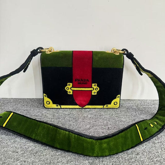 Preloved Prada Velvet Crossbody Bag in Green and Black